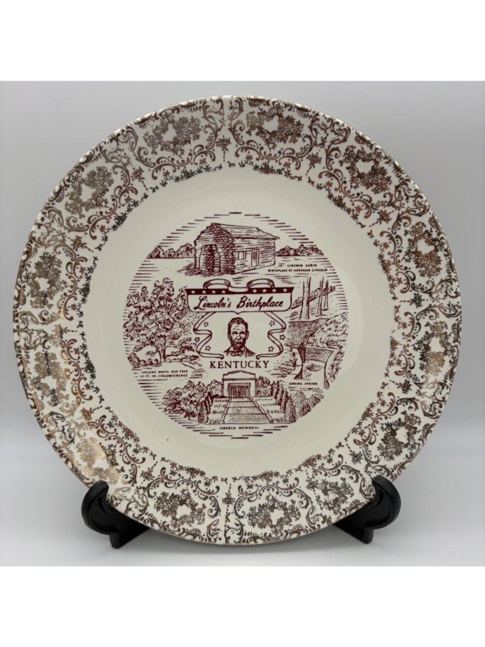 Vintage Lincoln's Birthplace Kentucky Abraham Lincoln Souvenir Plate Gold 10in